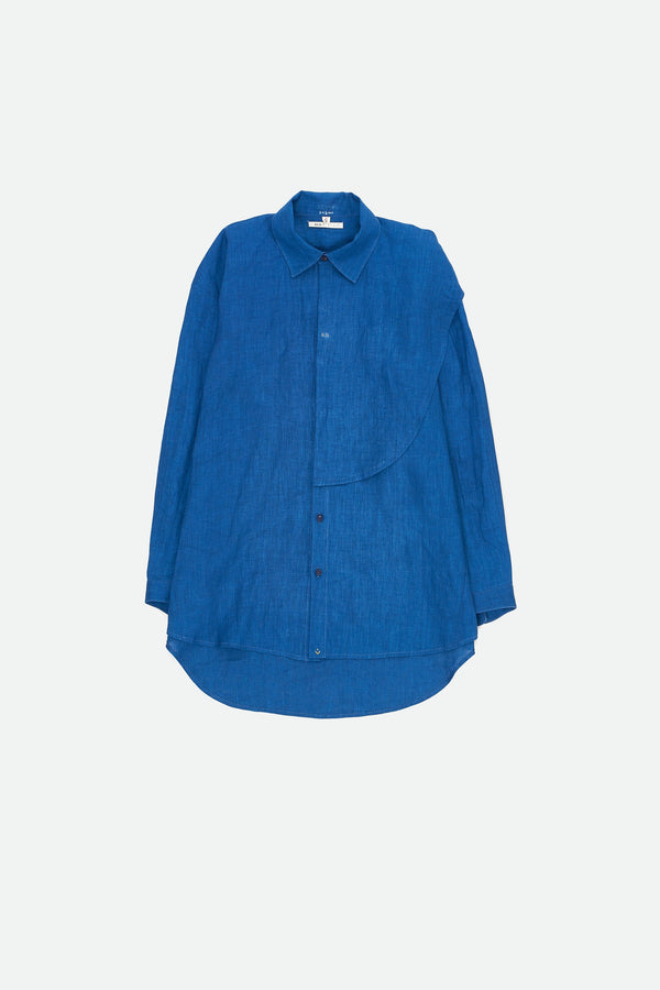 INDIGO COMFORT FIT LINEN SHIRT FEATURING DRAPE DETAIL