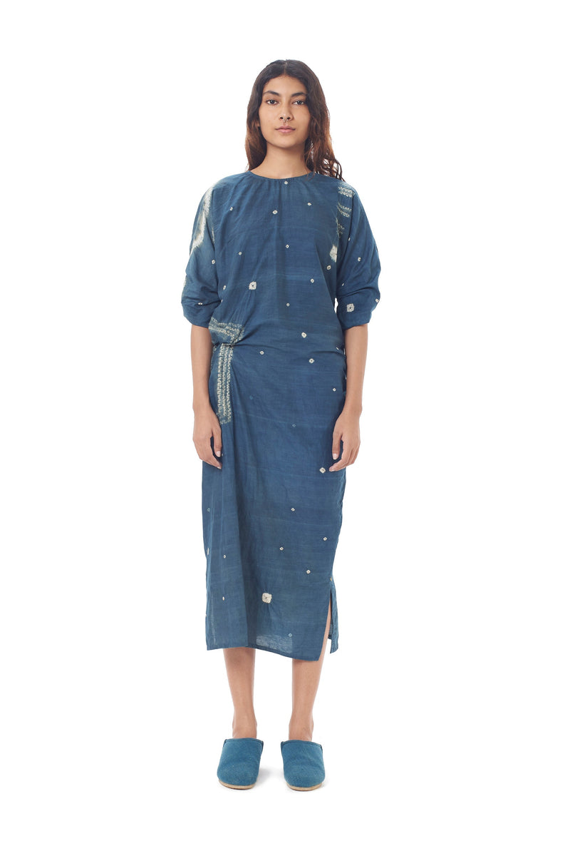 Turquoise Cotton Silk Drape Dress Crafted With An Over All Shibori Pattern