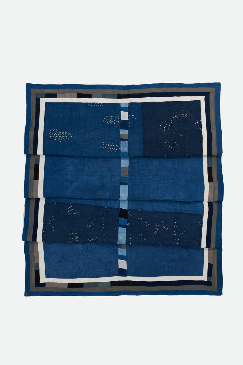 HAND EMBROIDERED PATCHWORK QUILT IN SHADES OF INDIGO