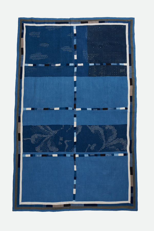 HAND EMBROIDERED PATCHWORK QUILT IN SHADES OF INDIGO