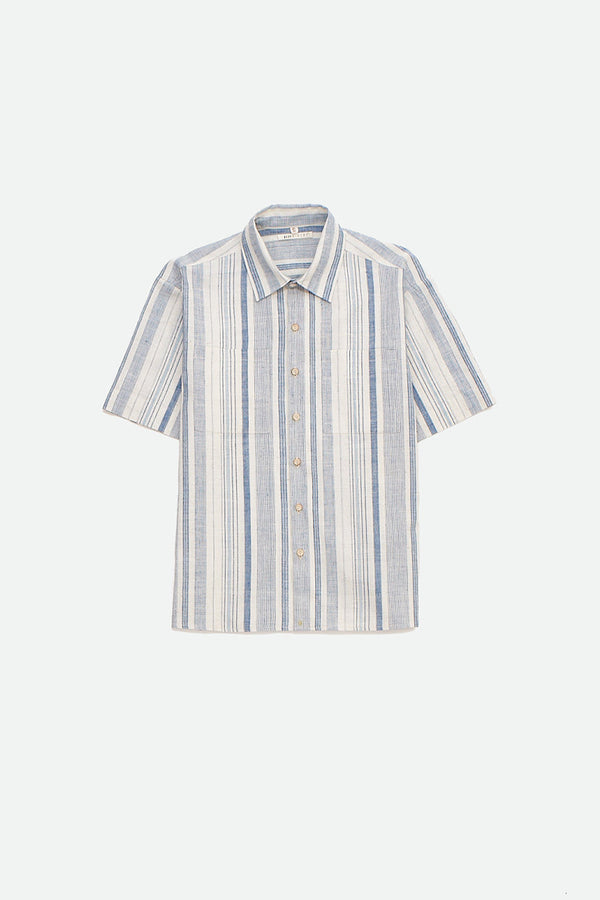 UNGENDERED HALF-SLEEVE ORGANIC COTTON SUMMER SHIRT IN YARN-DYED INDIGO STRIPES