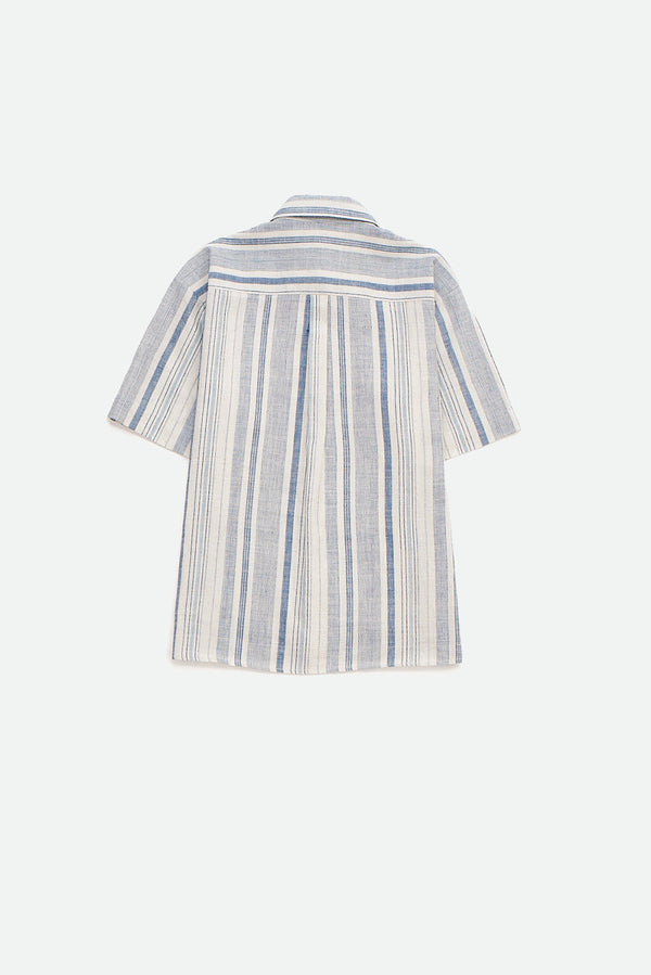 UNGENDERED HALF-SLEEVE ORGANIC COTTON SUMMER SHIRT IN YARN-DYED INDIGO STRIPES