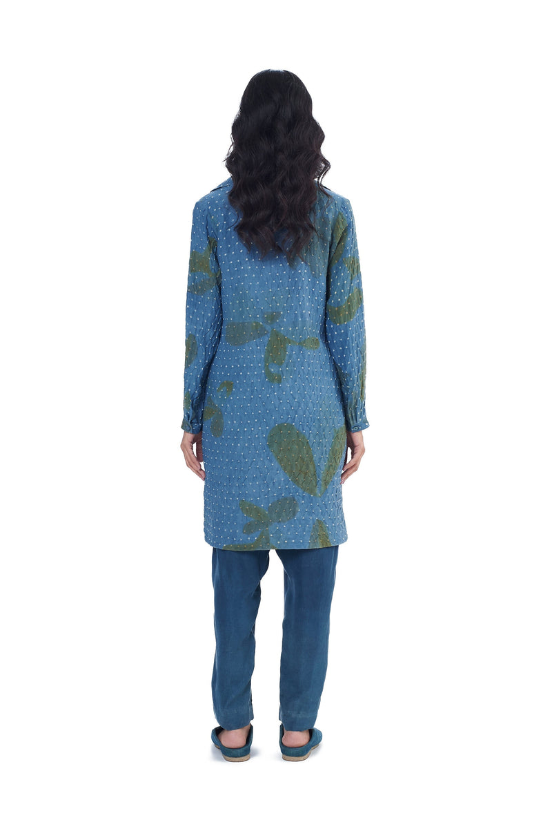 INDIGO SCREEN PRINTED WITH BANDHANI SHIRT DRESS