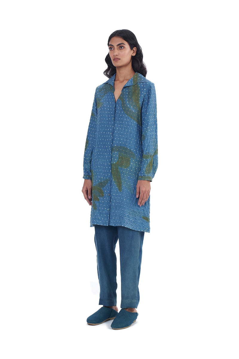 INDIGO SCREEN PRINTED WITH BANDHANI SHIRT DRESS