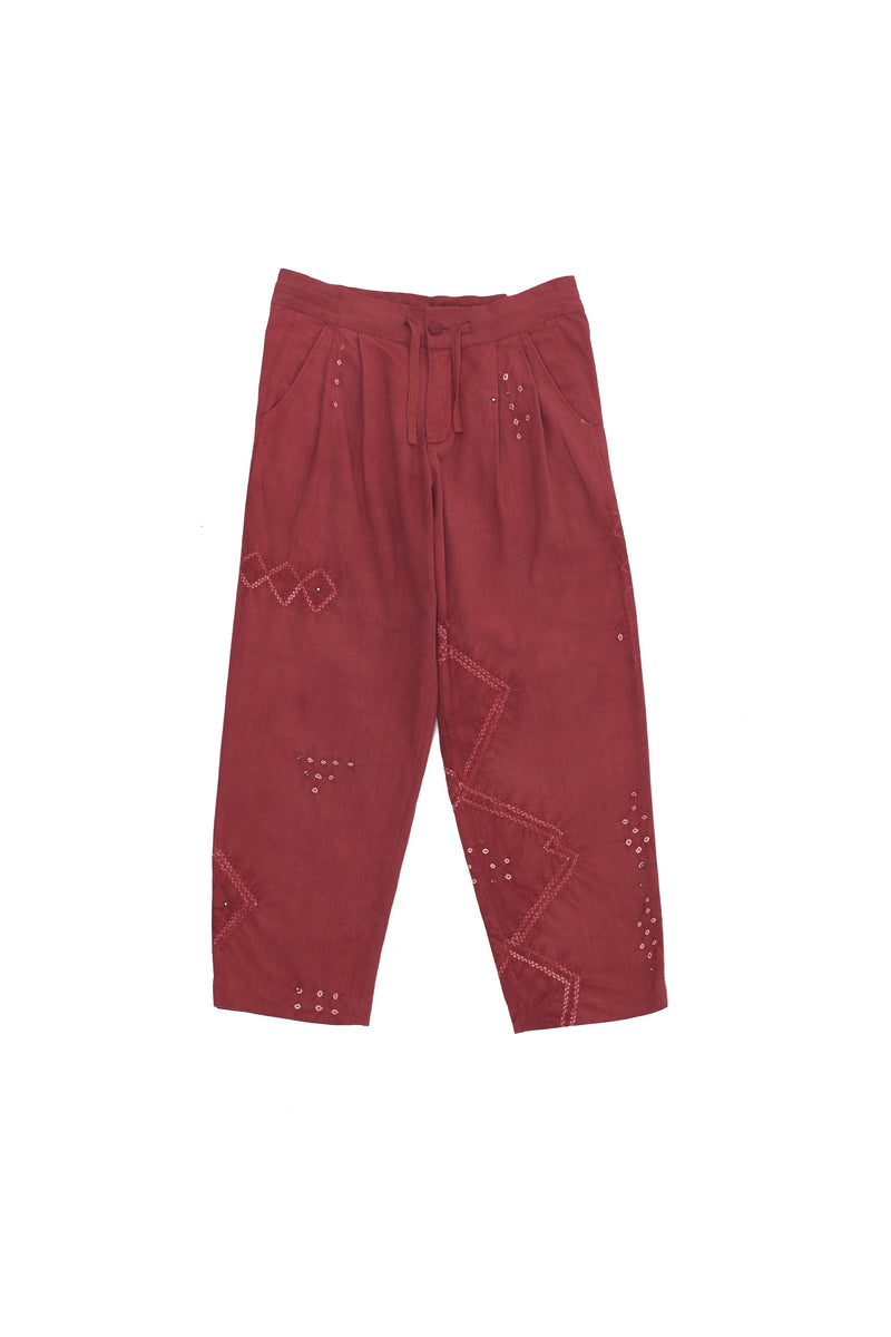 Crimson Pink Mirror Embellished Statement Trousers  Featuring Shibori