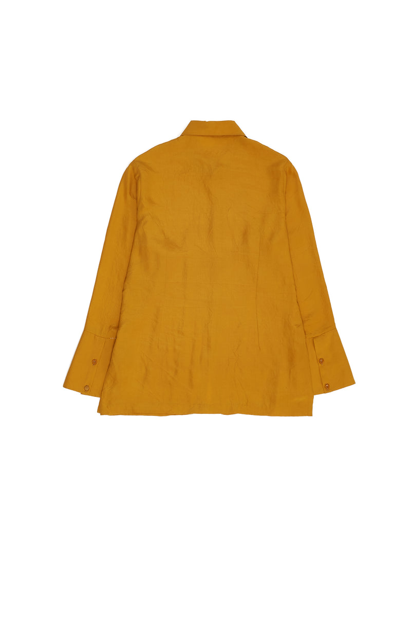 Ochre Yellow Slim Fit Silk Shirt With Hand Embroidered Details
