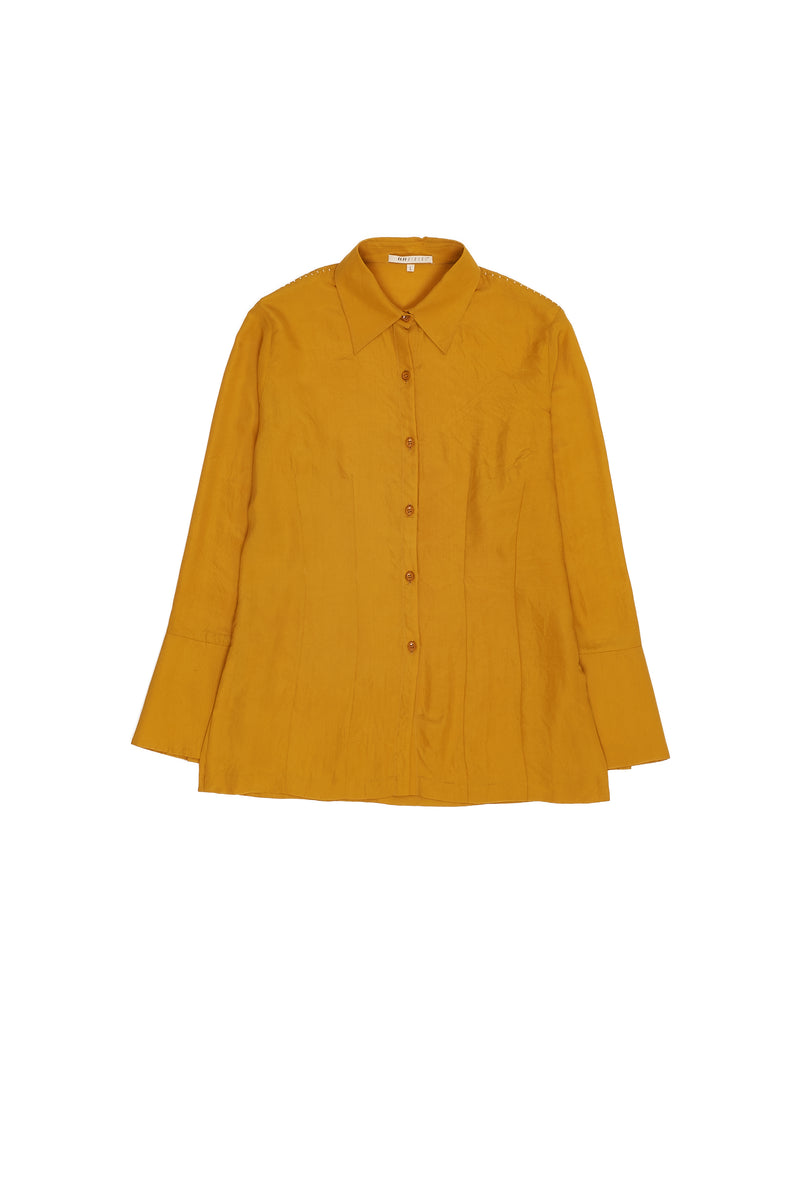 OCHRE YELLOW SLIM FIT SILK SHIRT WITH HAND EMBROIDERED DETAILS