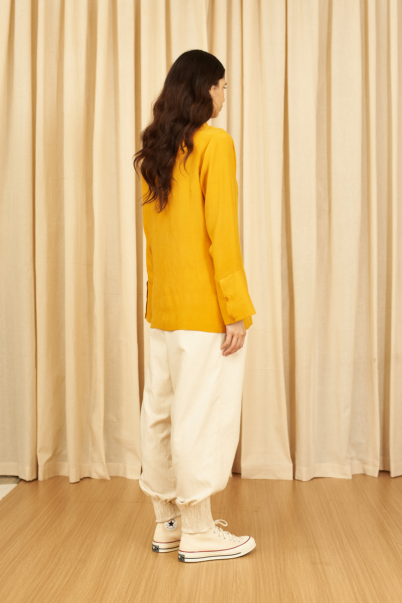 OCHRE YELLOW SLIM FIT SILK SHIRT WITH HAND EMBROIDERED DETAILS