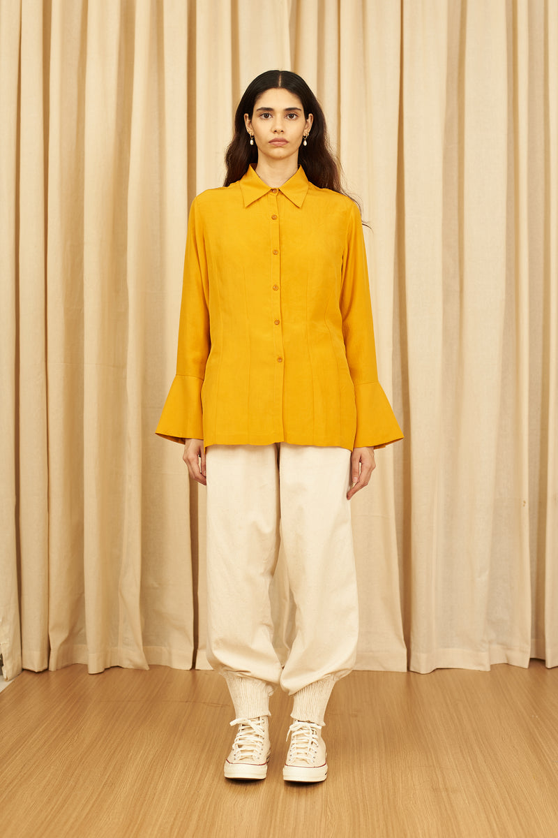 Ochre Yellow Slim Fit Silk Shirt With Hand Embroidered Details