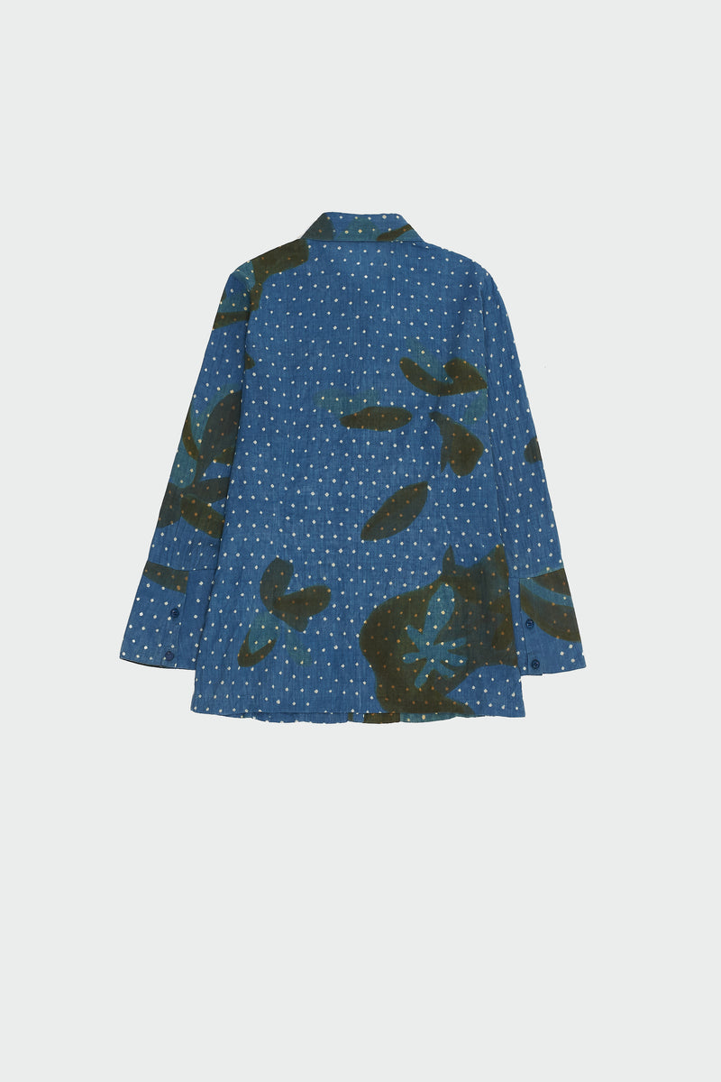 INDIGO SCREEN PRINTED WITH BANDHANI STATEMENT SHIRT