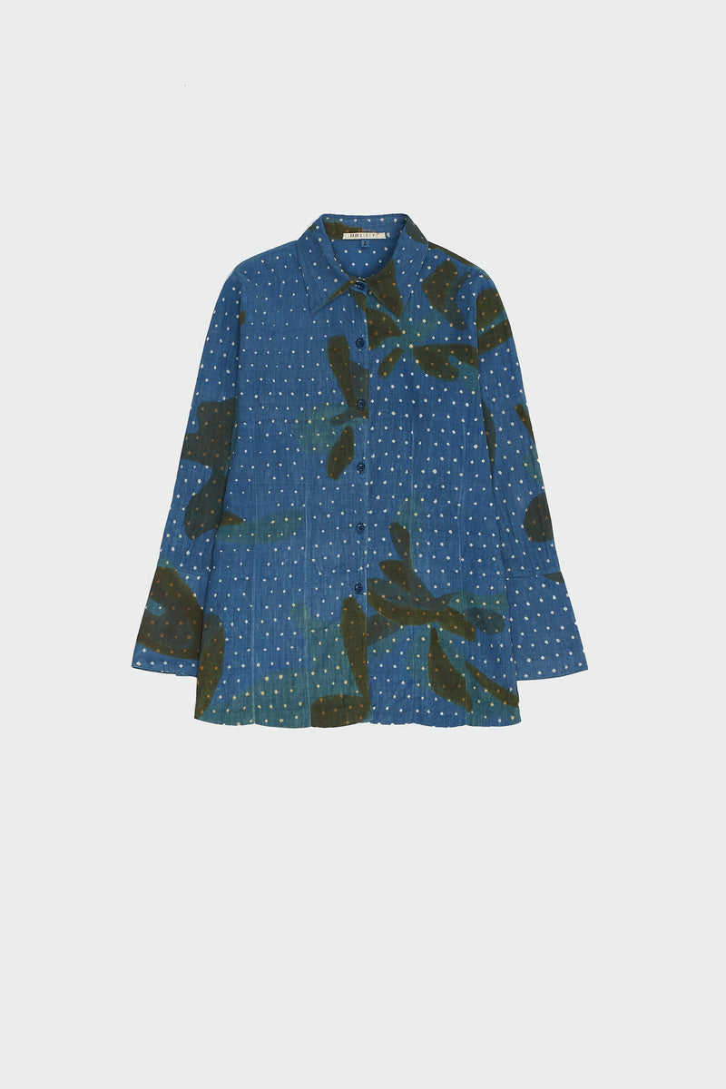 INDIGO SCREEN PRINTED WITH BANDHANI STATEMENT SHIRT