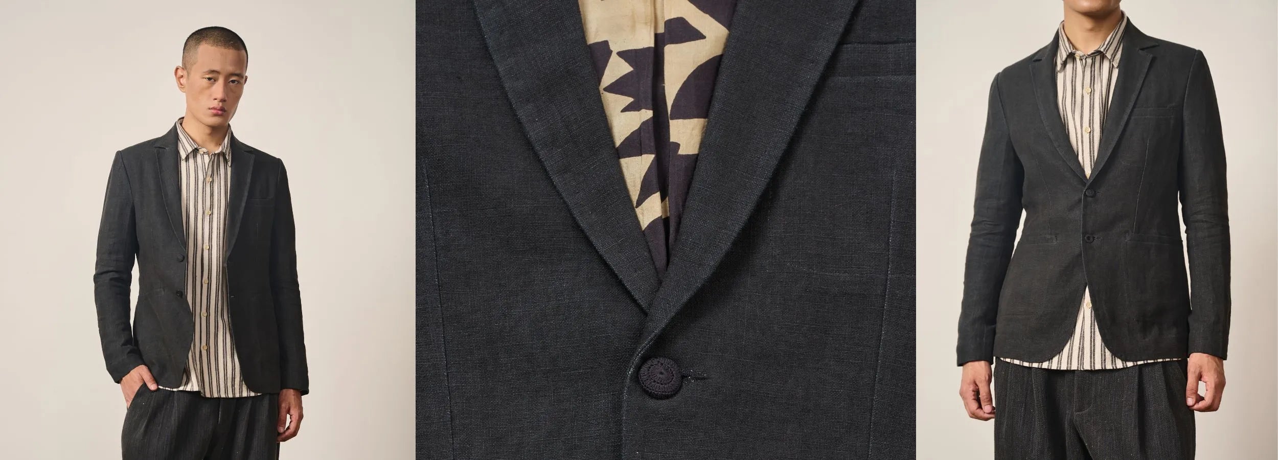 Man wearing a black jacket with a patterned shirt, close-up of the jacket, and the man again wearing the suit.