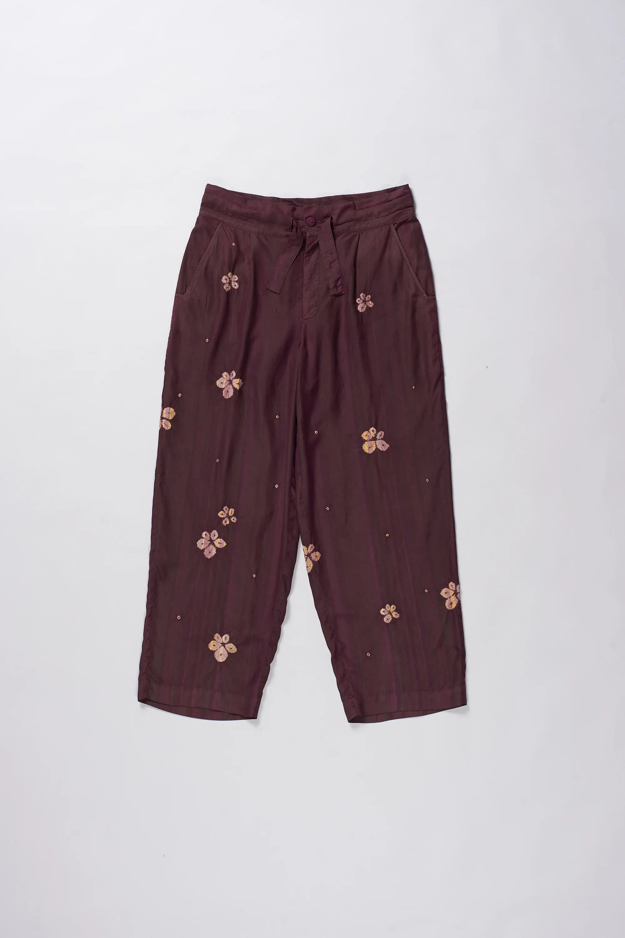 PURPLE RED SHIBORI SILK TROUSERS