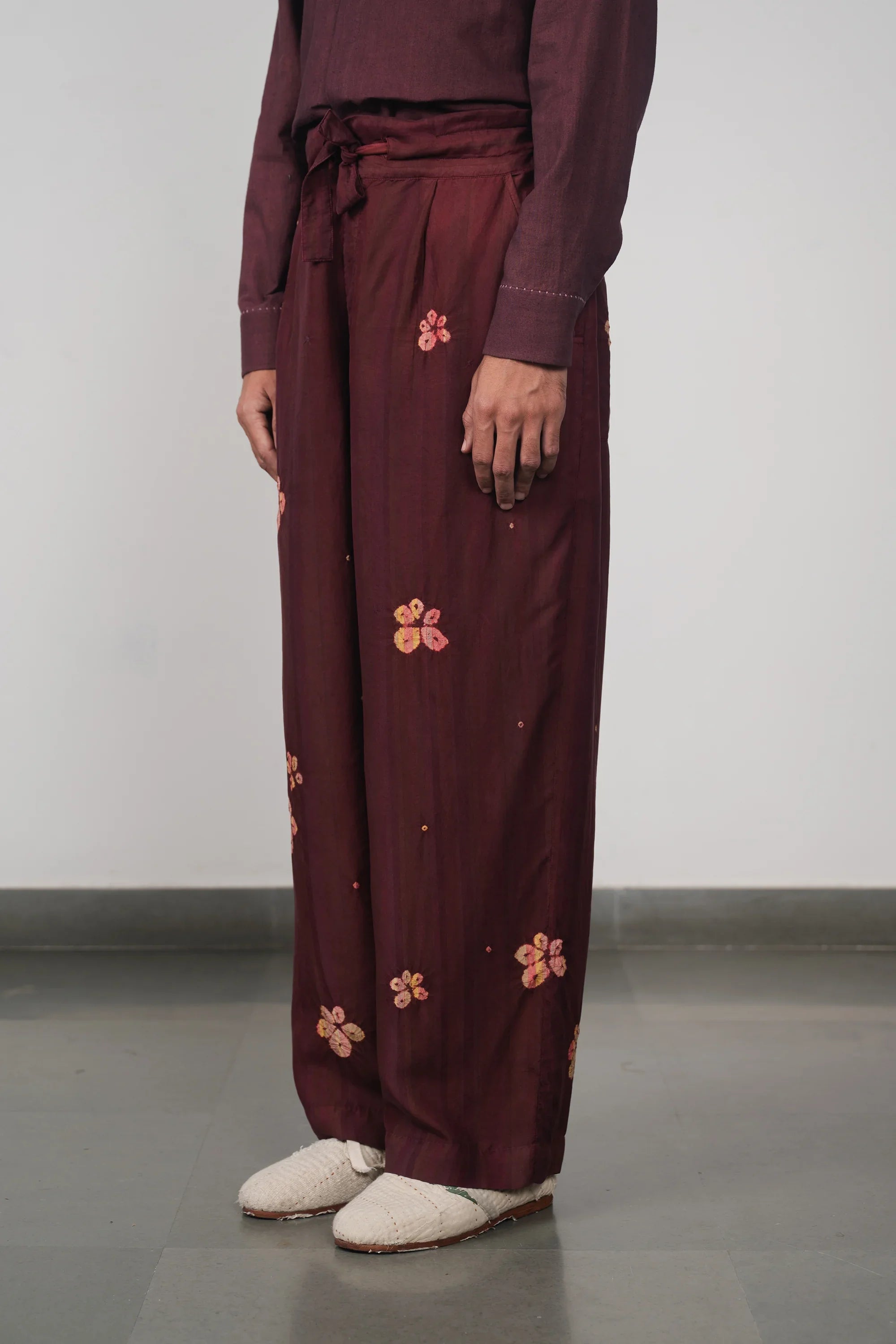 PURPLE RED SHIBORI SILK TROUSERS