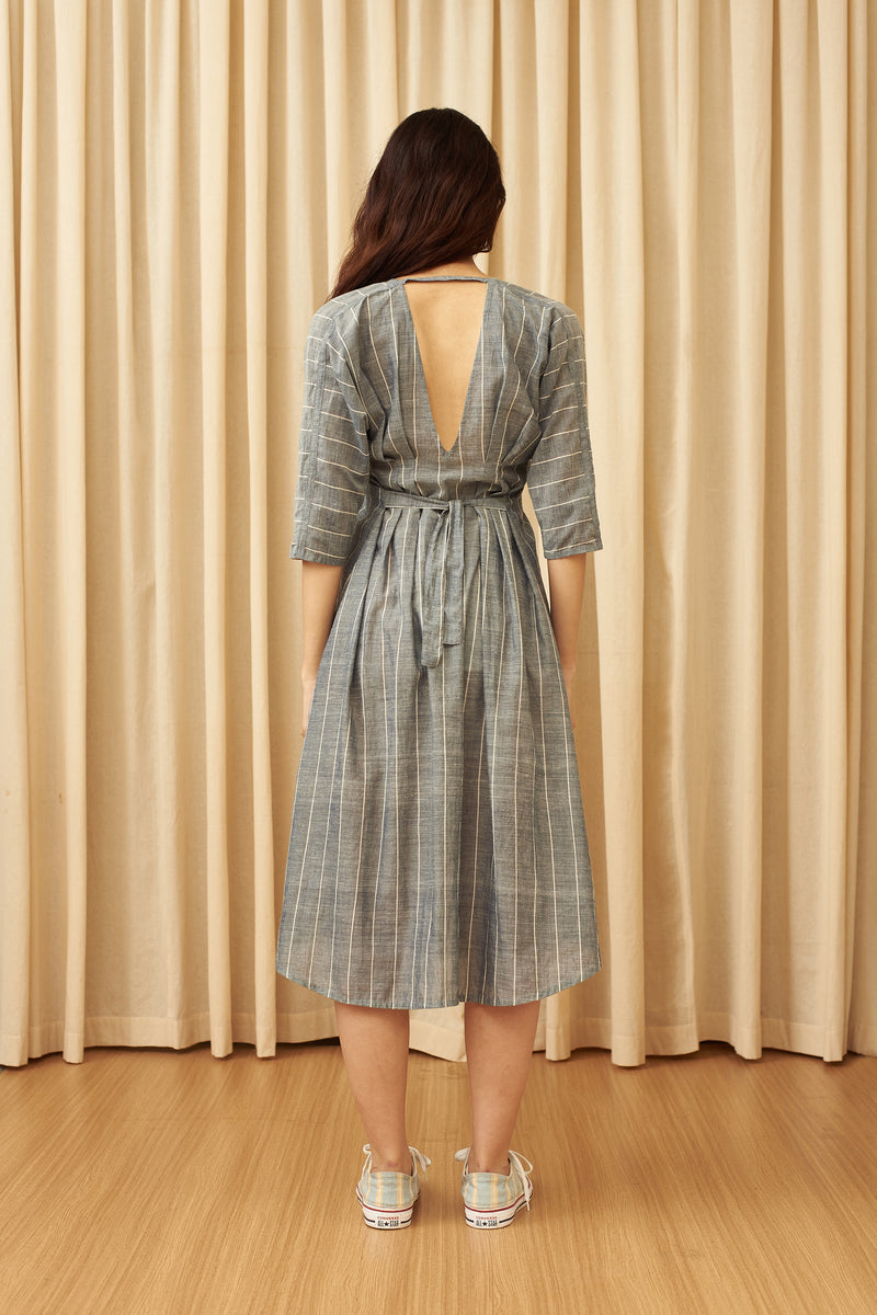 INDIGO A-LINE STATEMENT YARN DYED DRESS