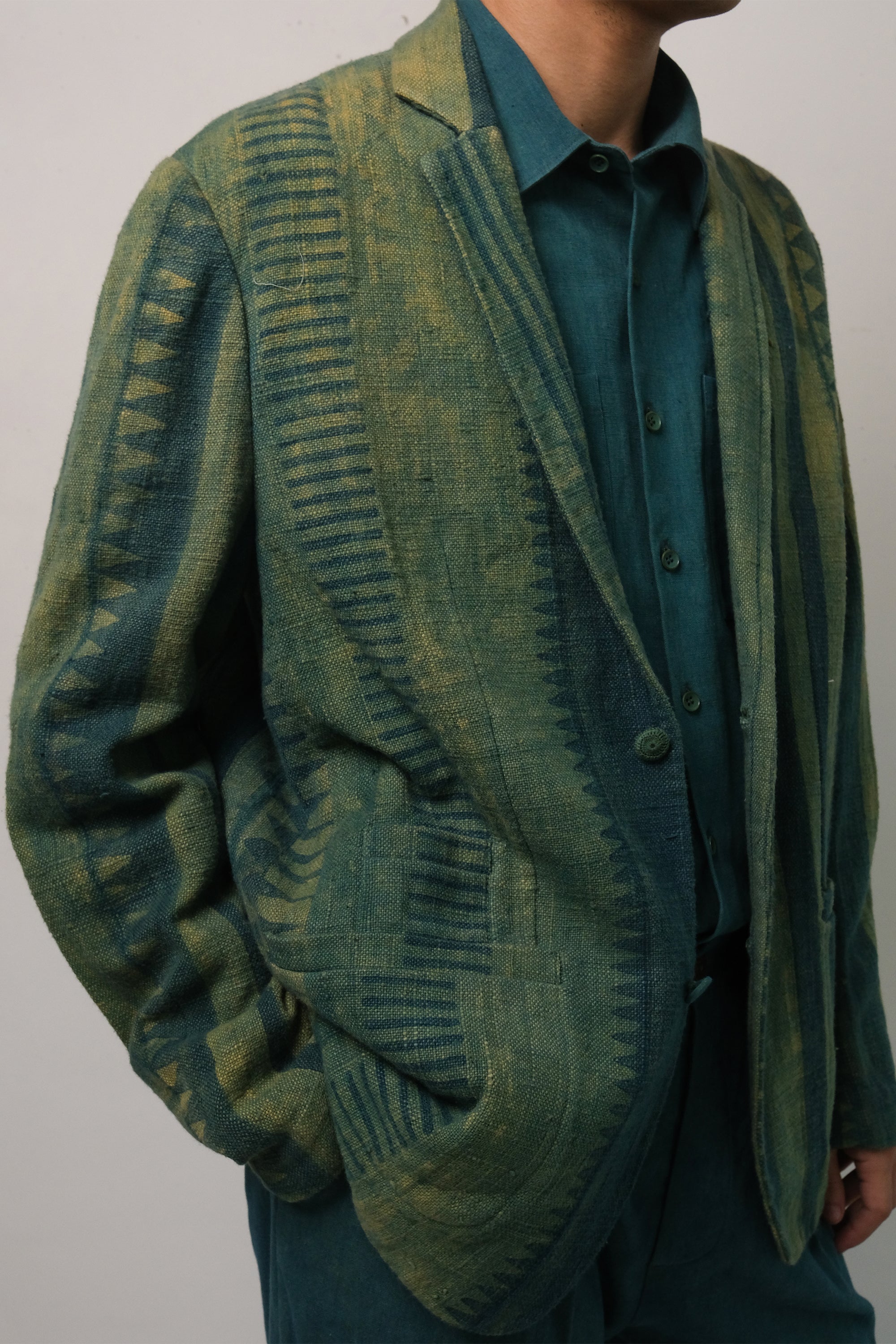 BOTTLE GREEN BLOCK PRINTED JACKET