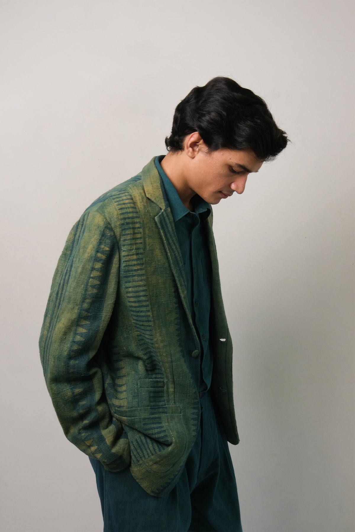 Block Printed Oversized Jacket in Bottle Green