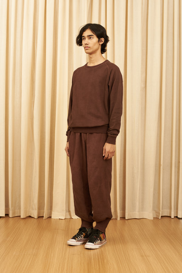 BURNT UMBER SOLID COTTON WOVEN TROUSERS