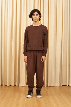 BURNT UMBER SOLID COTTON WOVEN TROUSERS