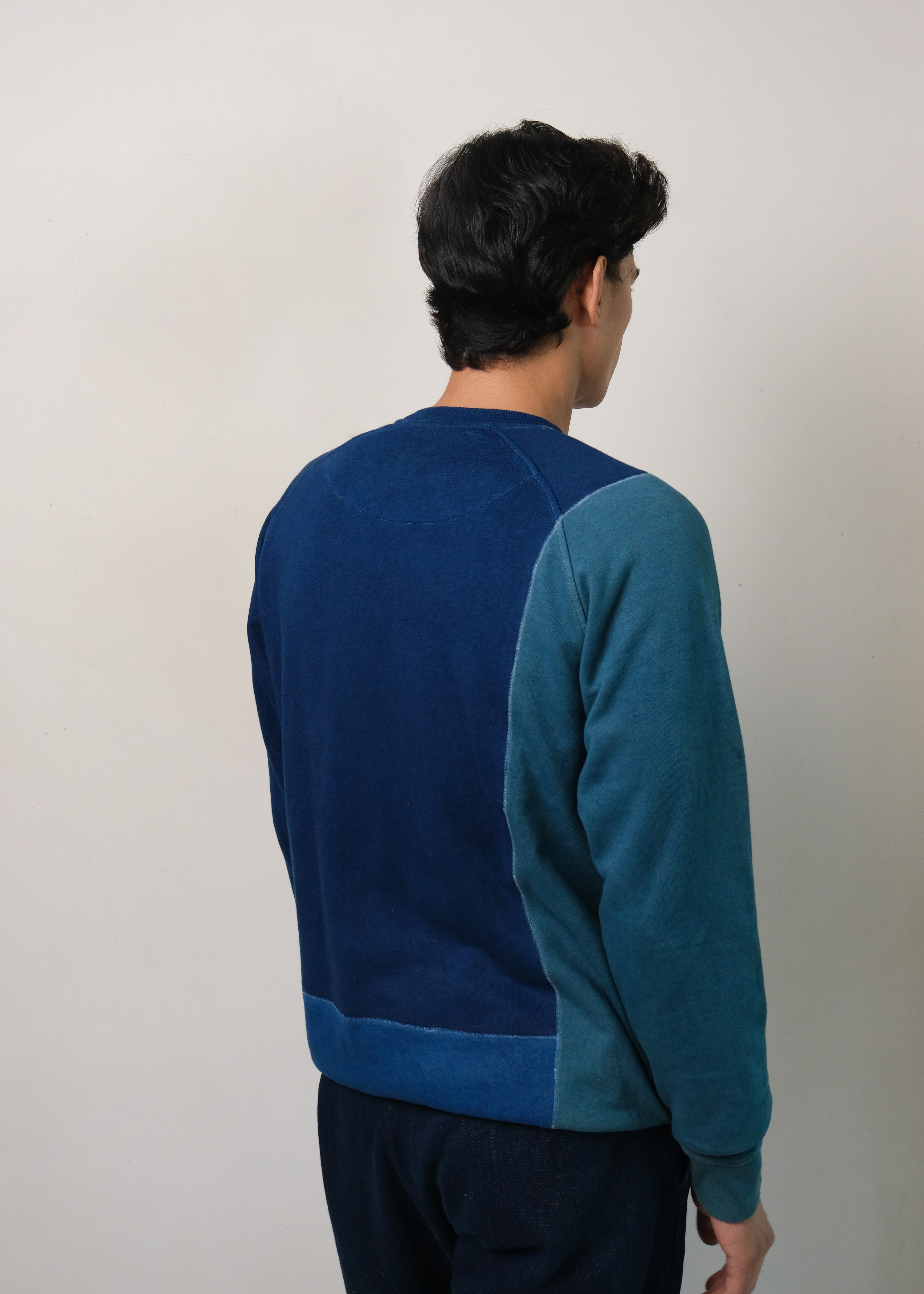 Back shot of a person wearing a two-tone blue sweatshirt with dark blue sleeves and light blue body on a light grey background
