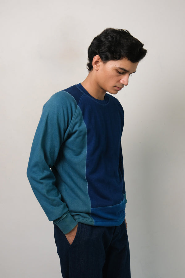 SHADE OF INDIGO PATCHWORK COTTON SWEATSHIRT