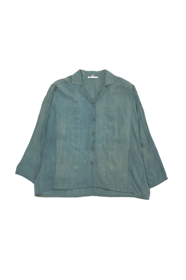 NATURAL GREEN NOTCH COLLAR PANELLED SHIRT WITH HAND EMBROIDERED DETAILS