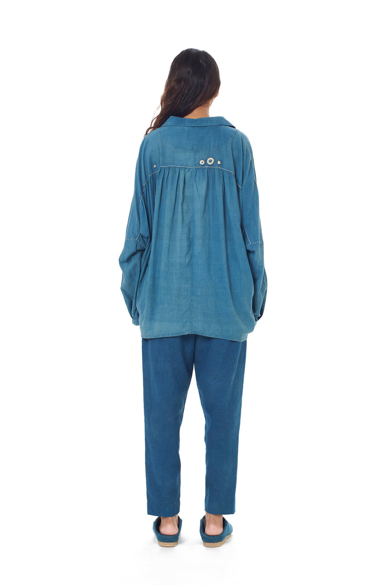 Turquoise Free-Spirited Fine Cotton Shirt Crafted With Shibori Motifs