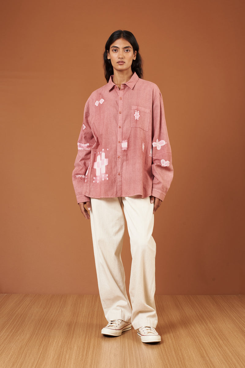 CHALK PINK SHIBORI FINE COTTON SPREAD COLLAR SHIRT