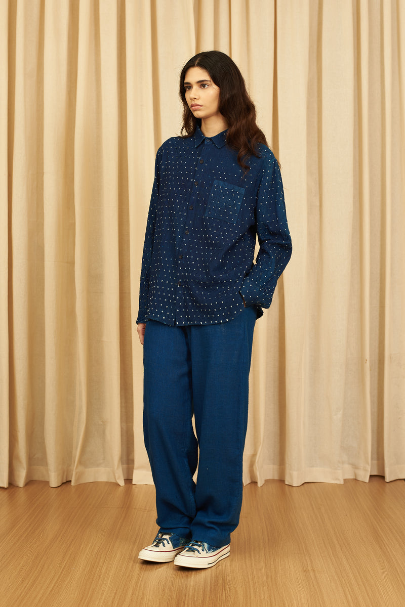 INDIGO ALL OVER BANDHANI RELAXED FIT COTTON SHIRT