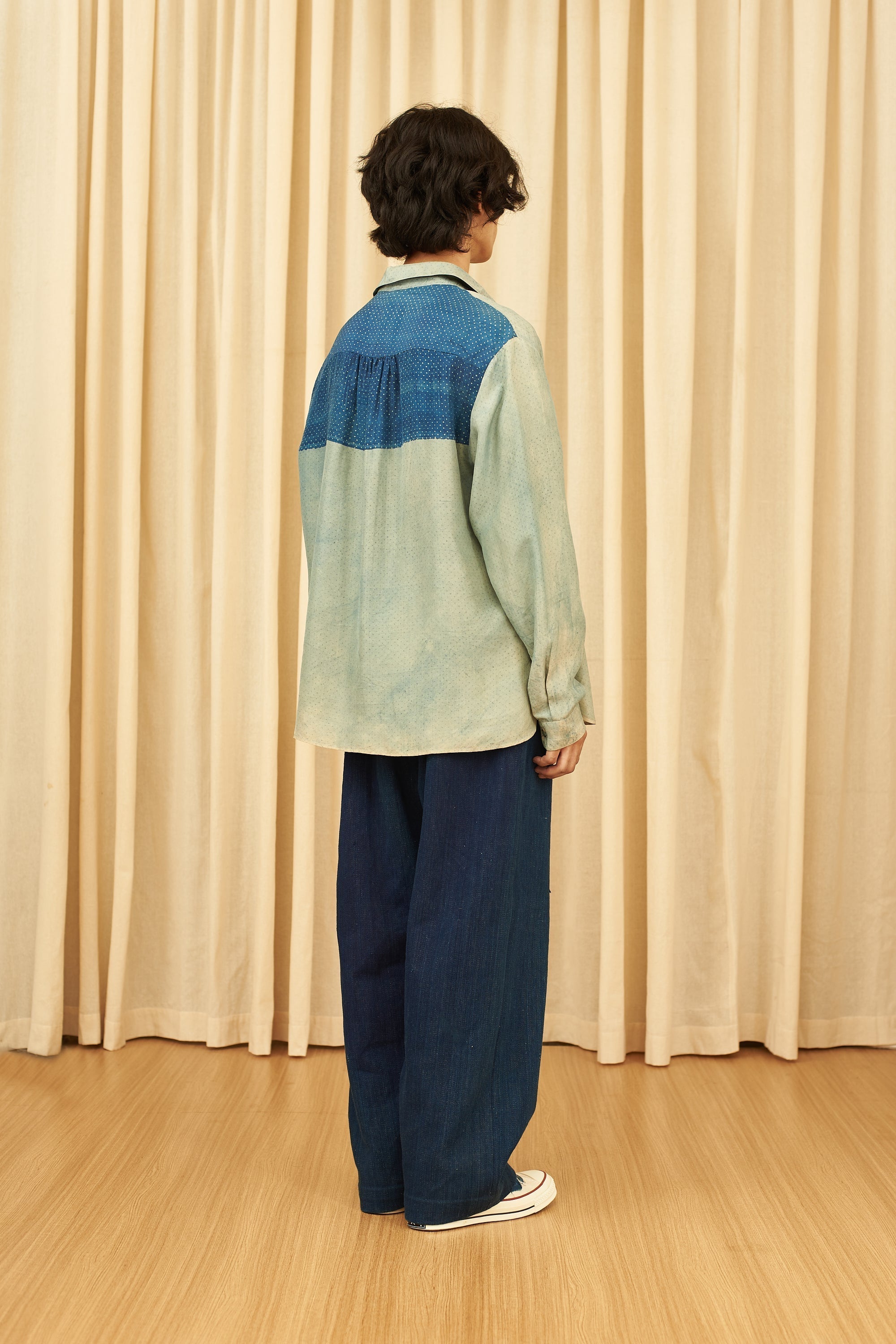 MEDIUM INDIGO BLOCK PRINTED SOFT SILK SHIRT