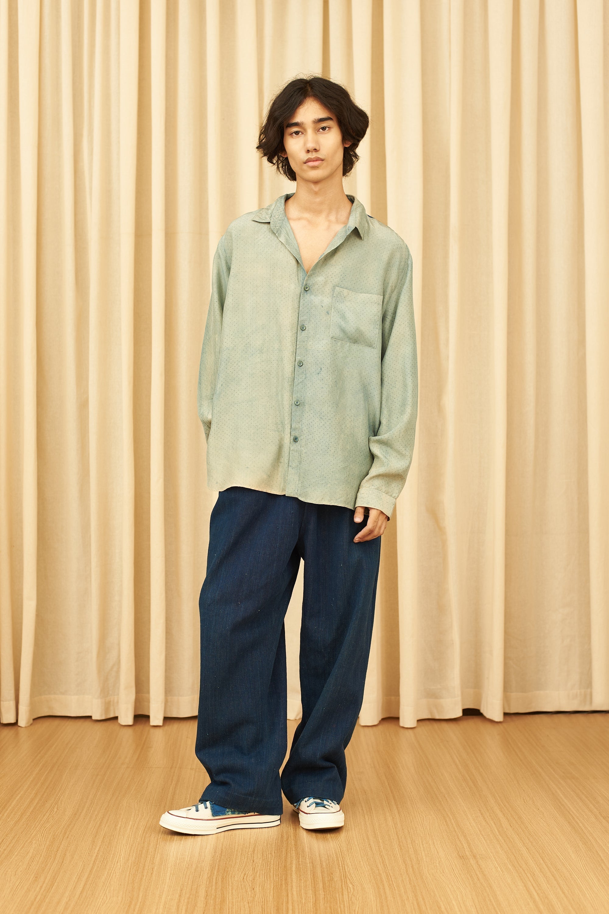 MEDIUM INDIGO BLOCK PRINTED SOFT SILK SHIRT