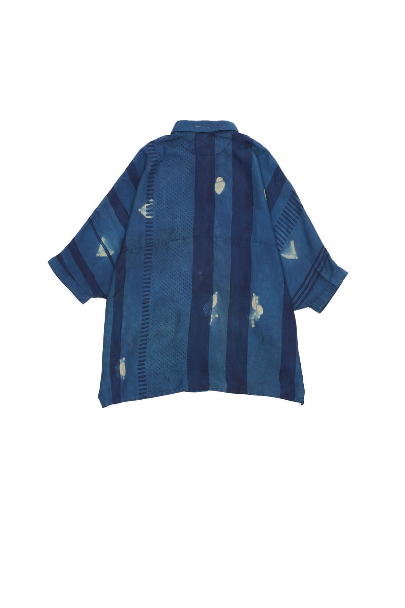 INDIGO BLOCK PRINT & SHIBORI COTTON SILK SHIRT