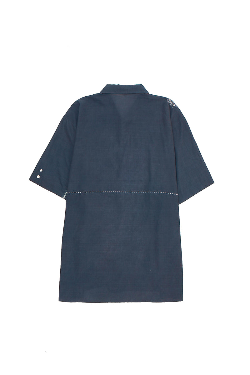 MIDNIGHT INDIGO OVERSIZE FINE COTTON SUMMER SHIRT CRAFTED WITH SHIBORI MOTIFS