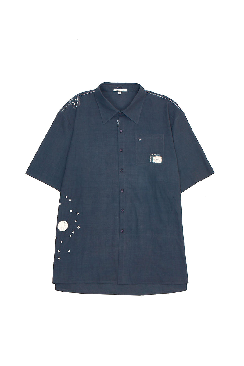 Midnight Indigo Oversize Fine Cotton Summer Shirt Crafted With Shibori Motifs
