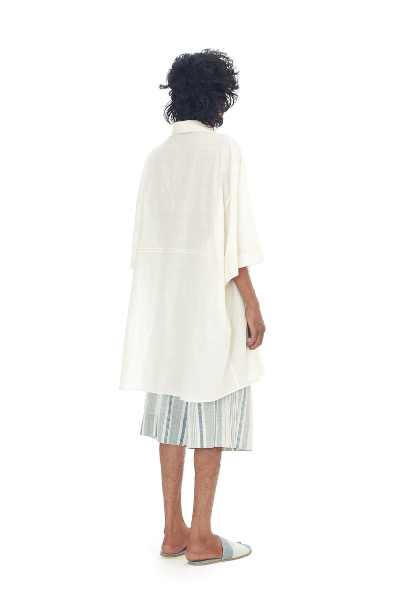 UNGENDERED & UNDYED OVERSIZE COTTON SILK SUMMER SHIRT WITH HAND EMBROIDERED DETAILS