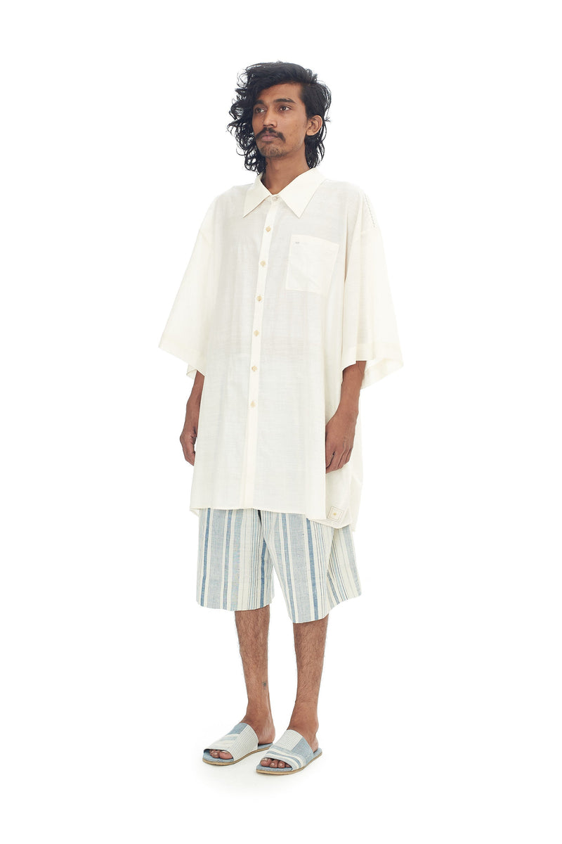 UNGENDERED & UNDYED OVERSIZE COTTON SILK SUMMER SHIRT WITH HAND EMBROIDERED DETAILS