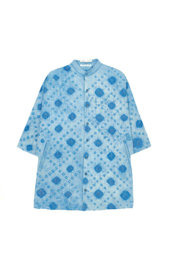Ungendered Indigo Organic Cotton Checks Kimono Sleeved Shirt Amplified With Bandhani