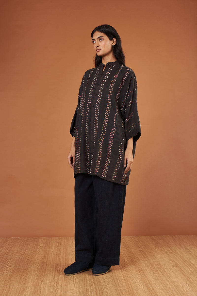 BLACK SOFT SILK SHIRT WITH MULTICOLOUR BANDHANI STRIPES