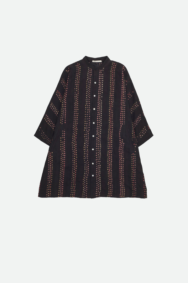 BLACK SOFT SILK SHIRT WITH MULTICOLOUR BANDHANI STRIPES