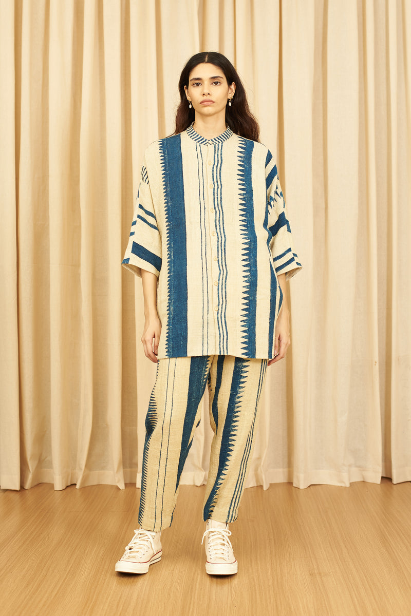 Off-White Block Printed Cotton Textured Kimono Sleeve Shirt
