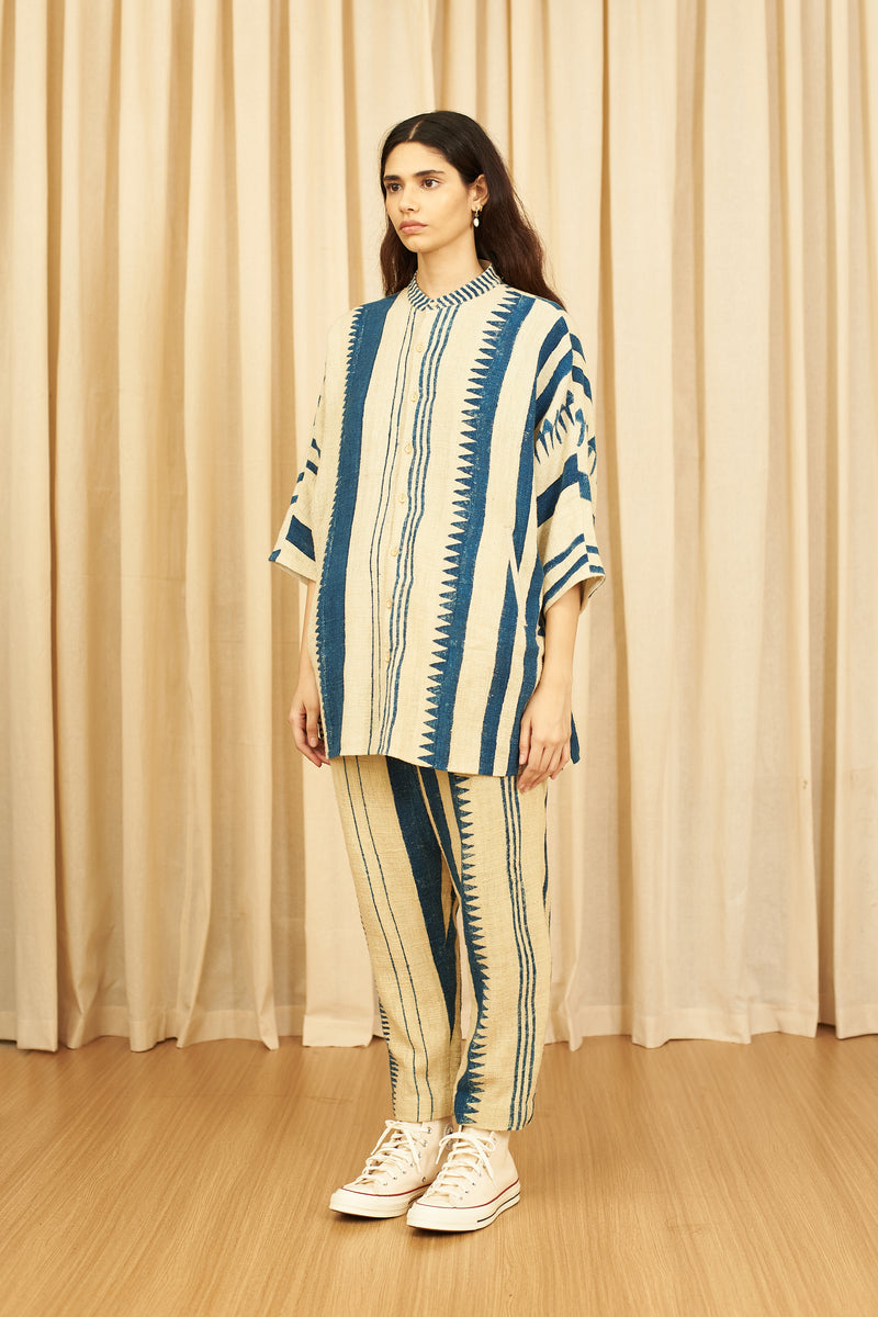 Off-White Block Printed Cotton Textured Kimono Sleeve Shirt