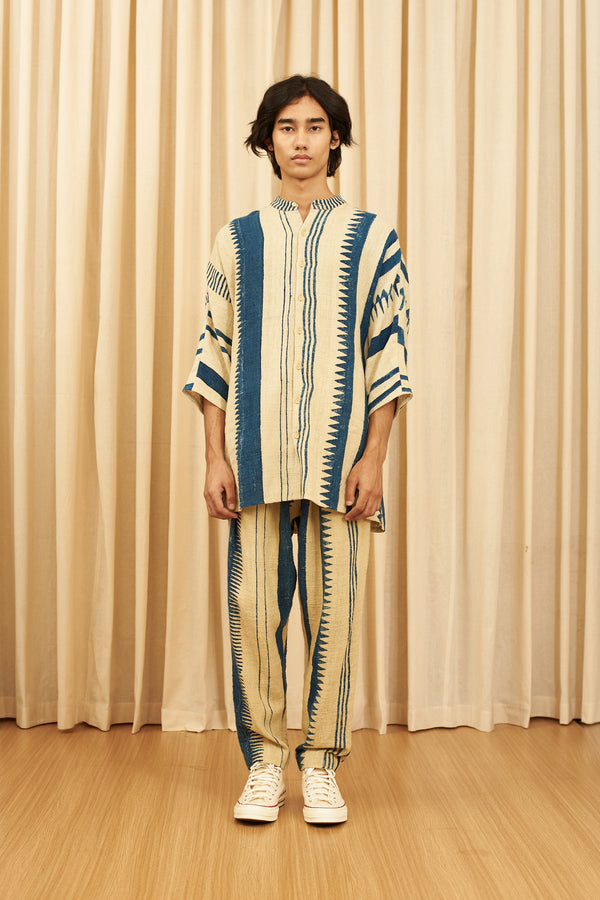 Off-White Block Printed Cotton Textured Kimono Sleeve Shirt