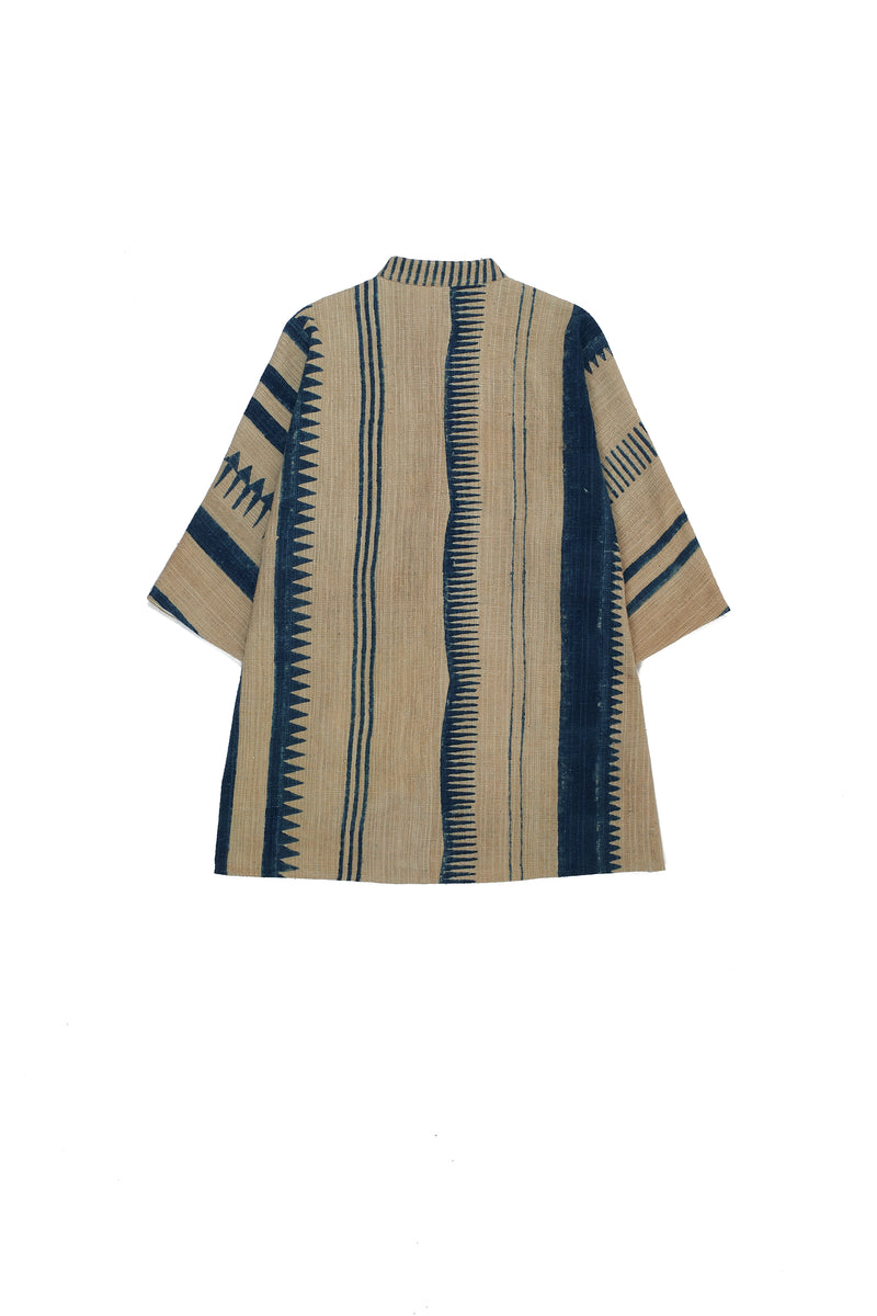 Off-White Block Printed Cotton Textured Kimono Sleeve Shirt