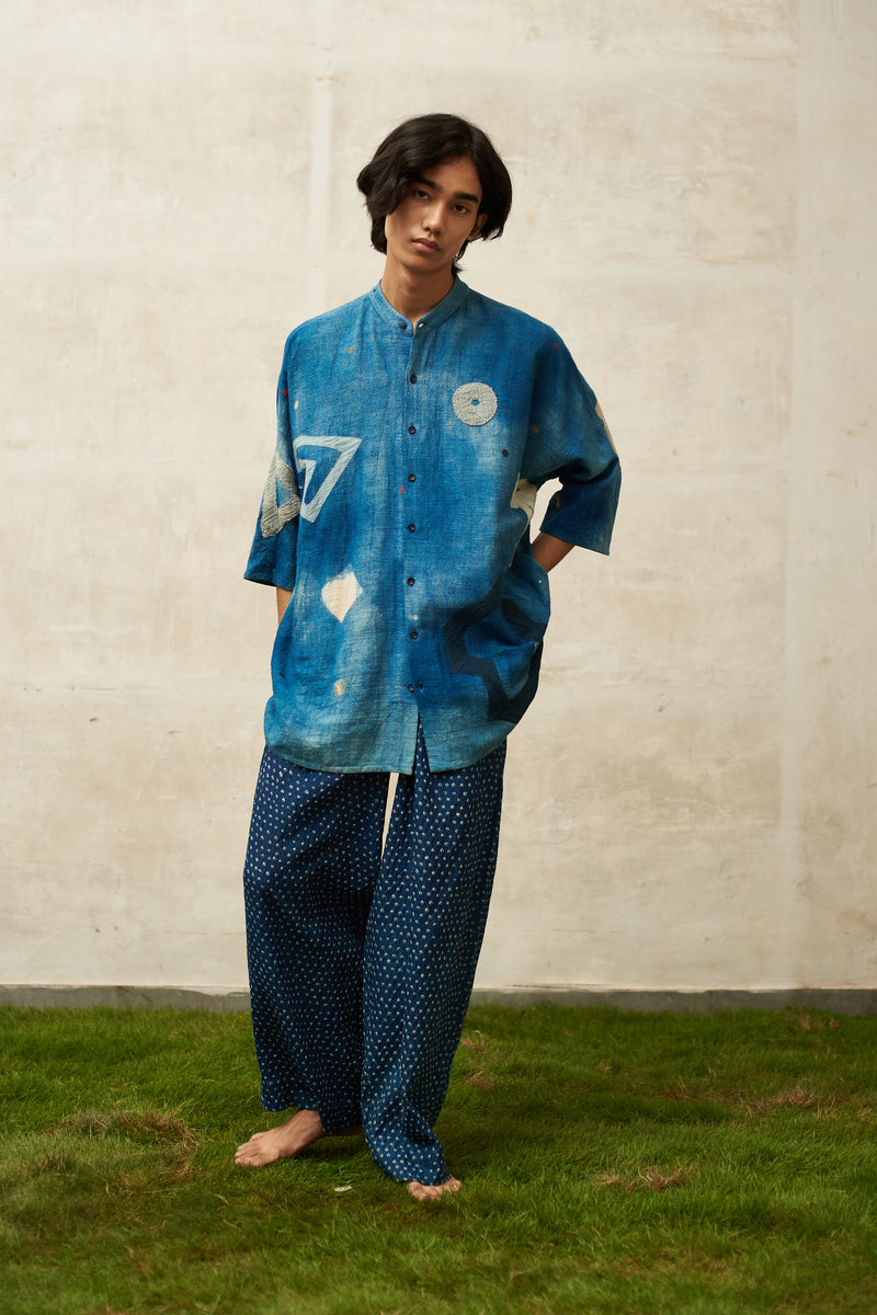 INDIGO COTTON SILK WIDE-LEG TROUSERS FEATURING ALL OVER MINATURE BANDHANI DOTS