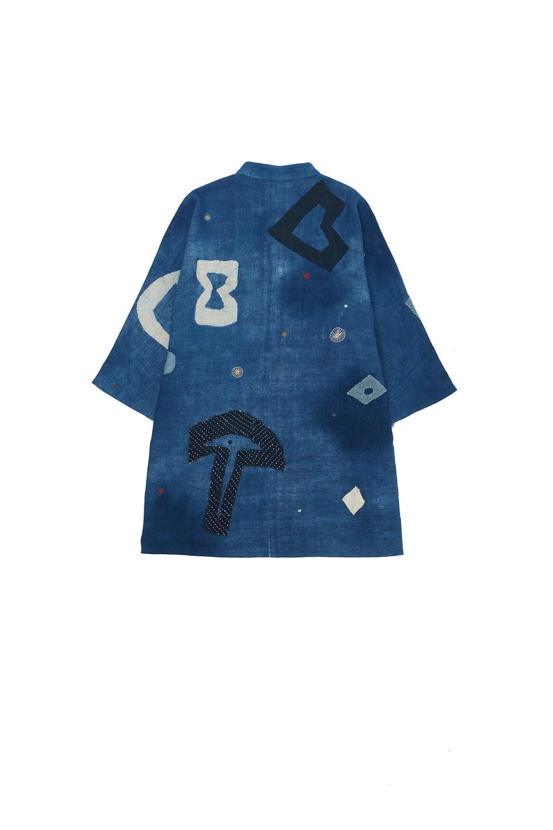 INDIGO STATEMENT PATCHWORK TEXTURED COTTON SHIRT