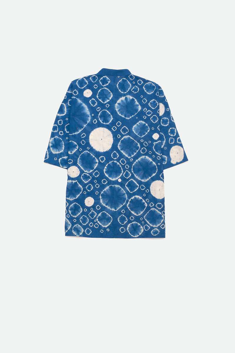 INDIGO KIMONO SLEEVED FINE COTTON SHIRT WITH ALL OVER MOTIFS