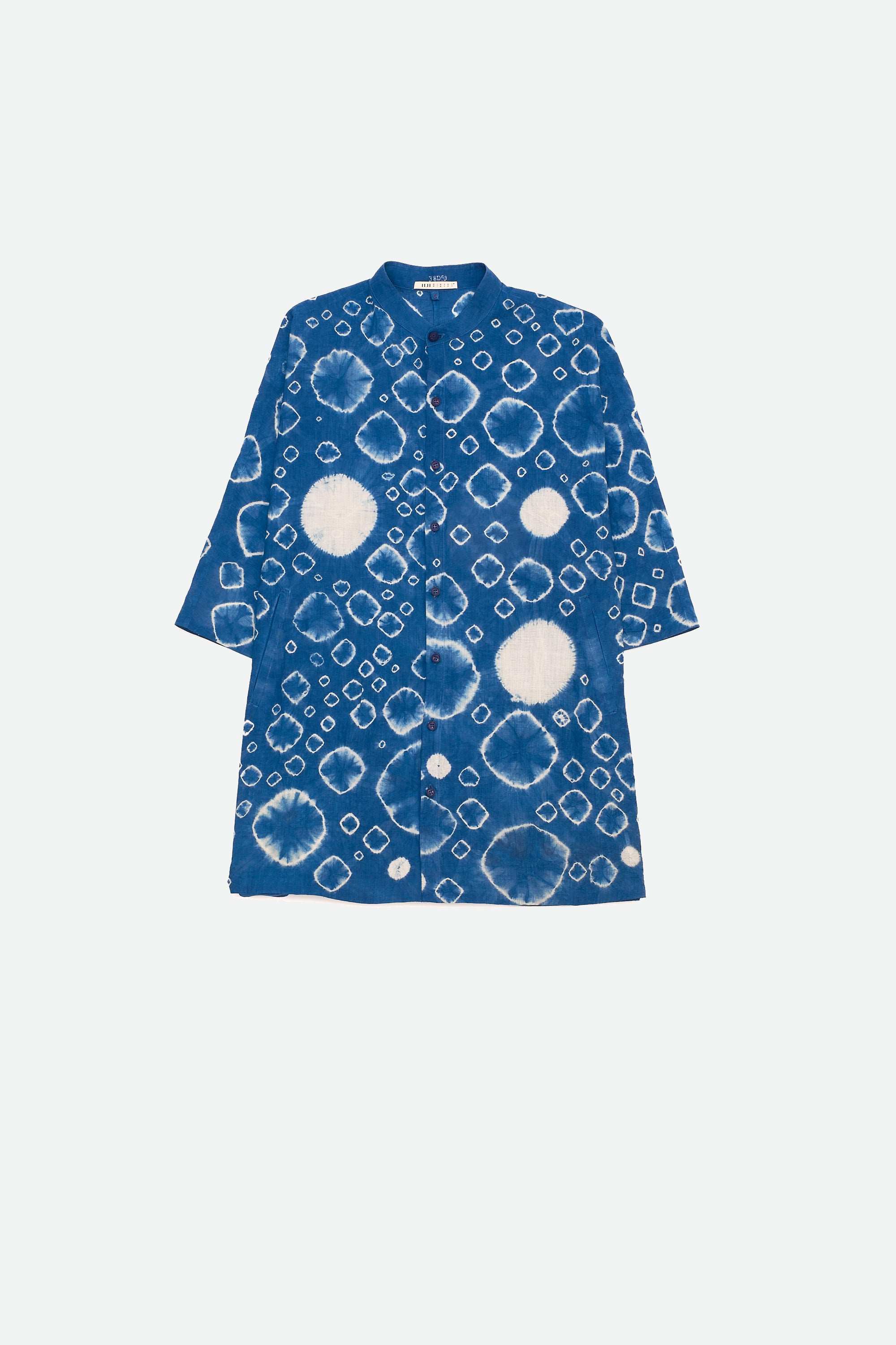 MEDIUM INDIGO KIMONO SLEEVED FINE COTTON SHIRT WITH ALL OVER MOTIFS