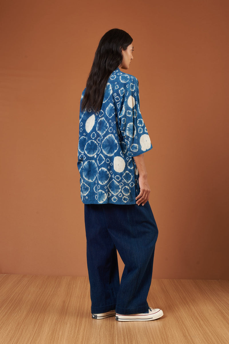 Indigo Kimono Sleeved Fine Cotton Shirt With All Over Shibori Motifs