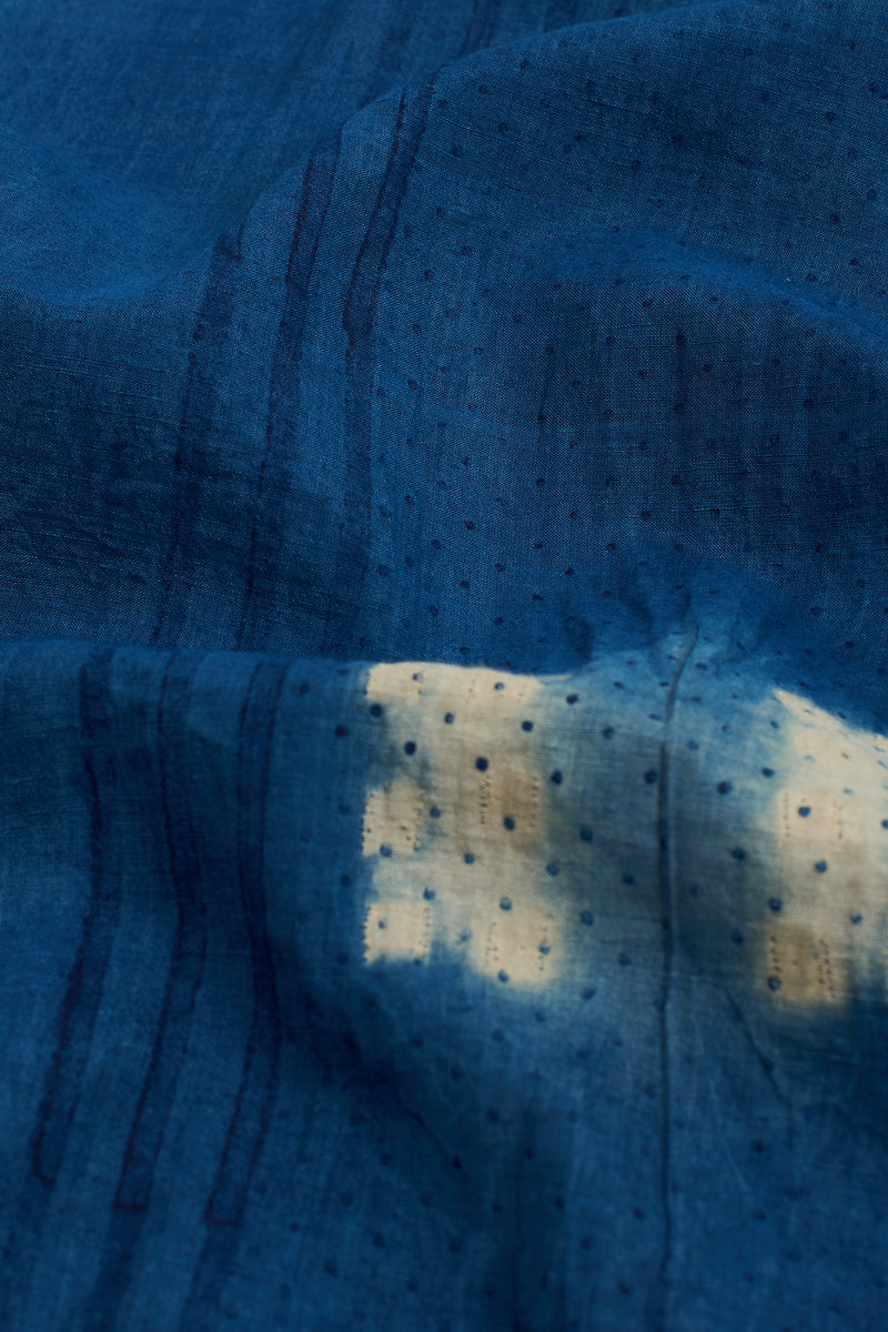 BLOCK PRINT & SHIBORI BAND COLLAR COTTON SILK SHIRT