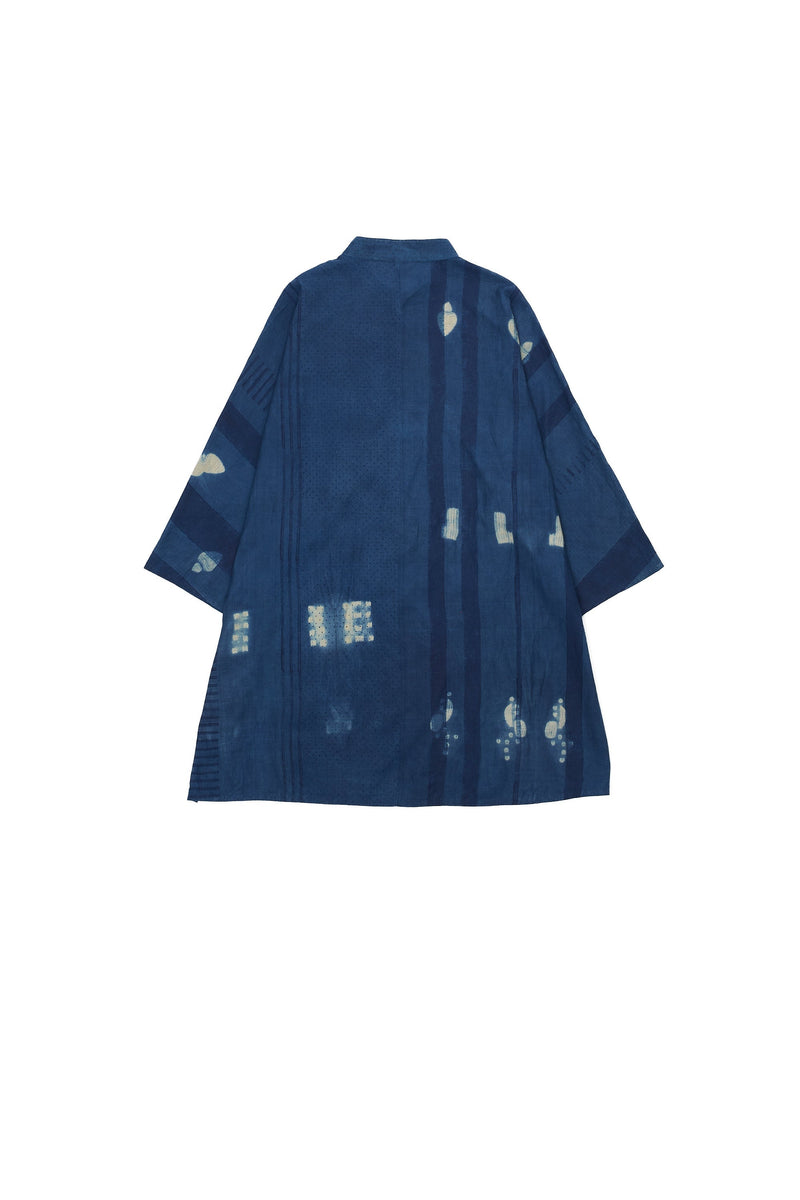 BLOCK PRINT & SHIBORI BAND COLLAR COTTON SILK SHIRT